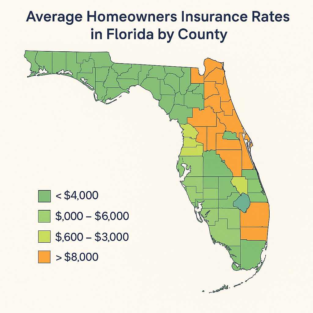 Map showing average homeowners insurance rates across Florida counties