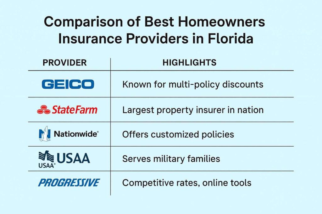 Chart comparing top homeowners insurance companies in Florida