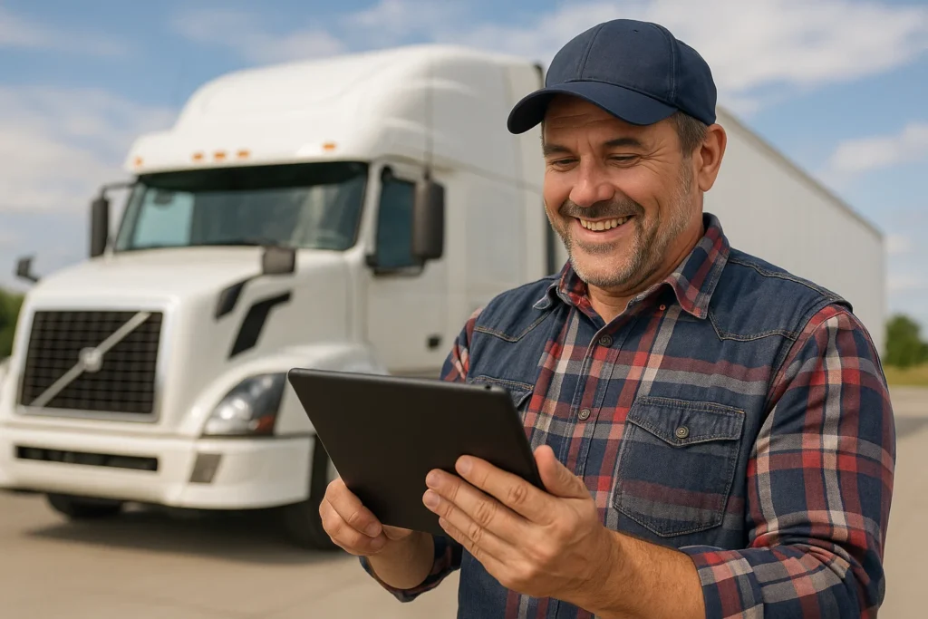Florida owner operator viewing a same day COI on a mobile device with truck in the background.