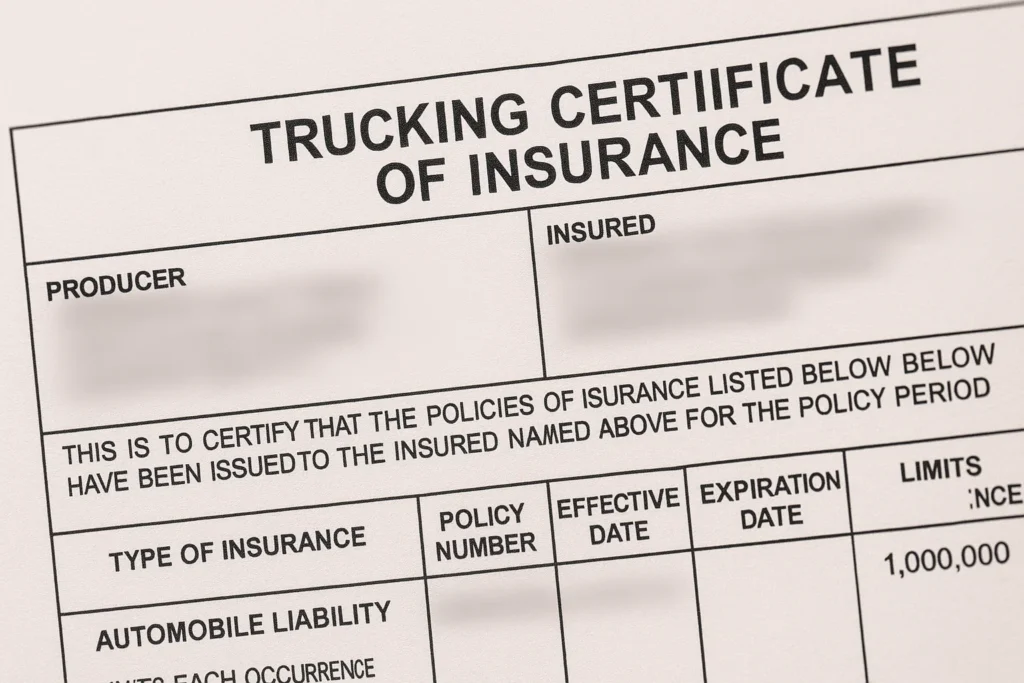 Close-up of a trucking certificate of insurance showing same day COI issued for Florida motor carrier.