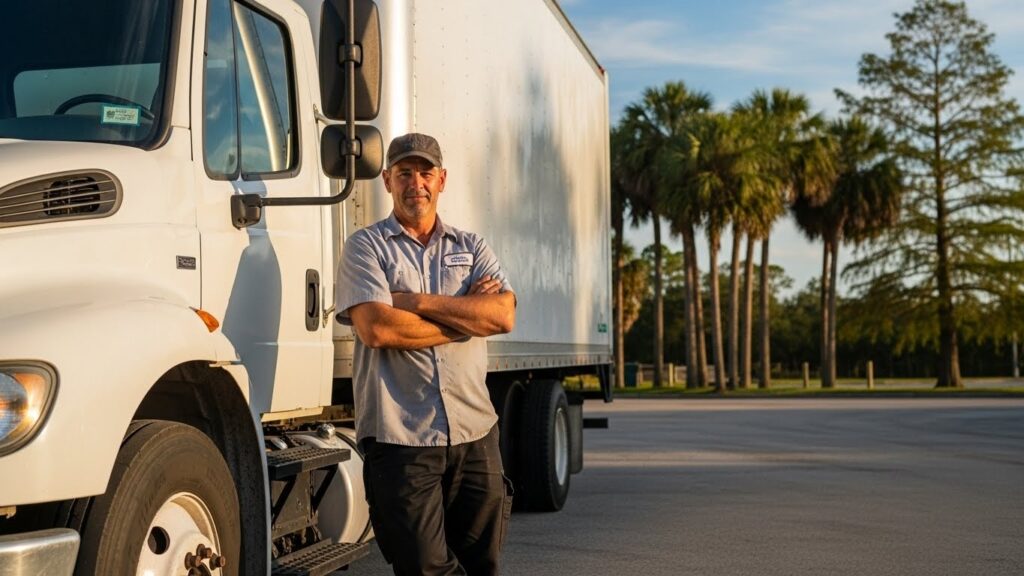 Florida owner- operator standing by a box truck with commercial truck insurance coverage