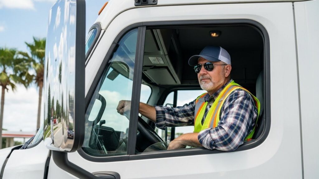 Terra Insurance: commercial truck driver in a semi-truck cab wearing a safety vest on a Florida highway