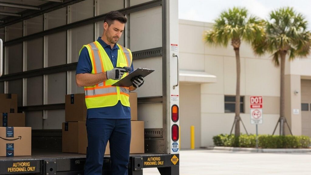 Terra Insurance: delivery driver with clipboard by a box truck at a Florida warehouse with palm trees.