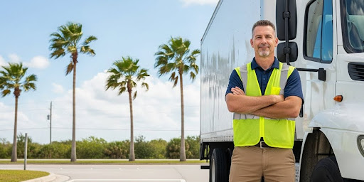 Truck driver wearing a safety vest standing beside a commercial box truck with palm trees in the background.