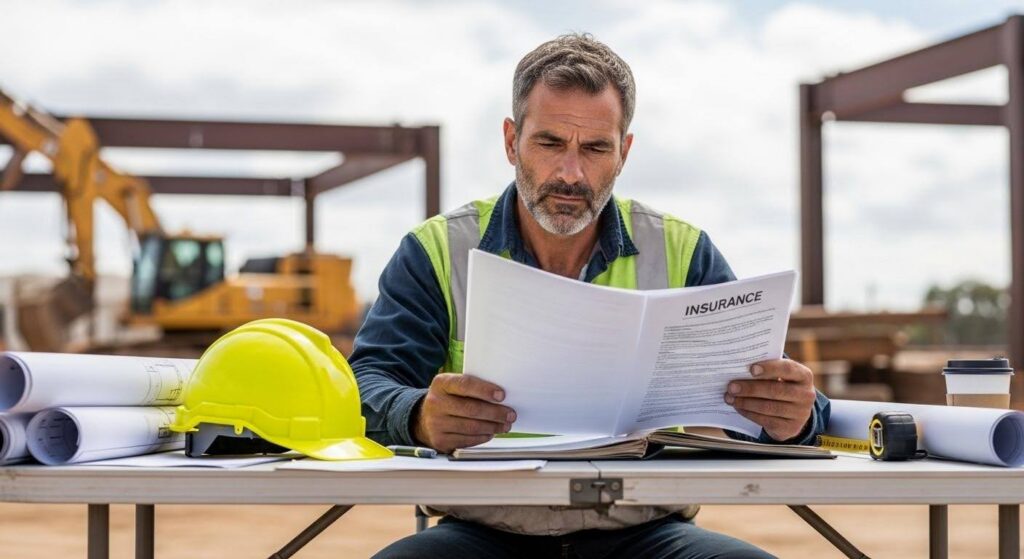 Contractor reviewing certificate of insurance paperwork.