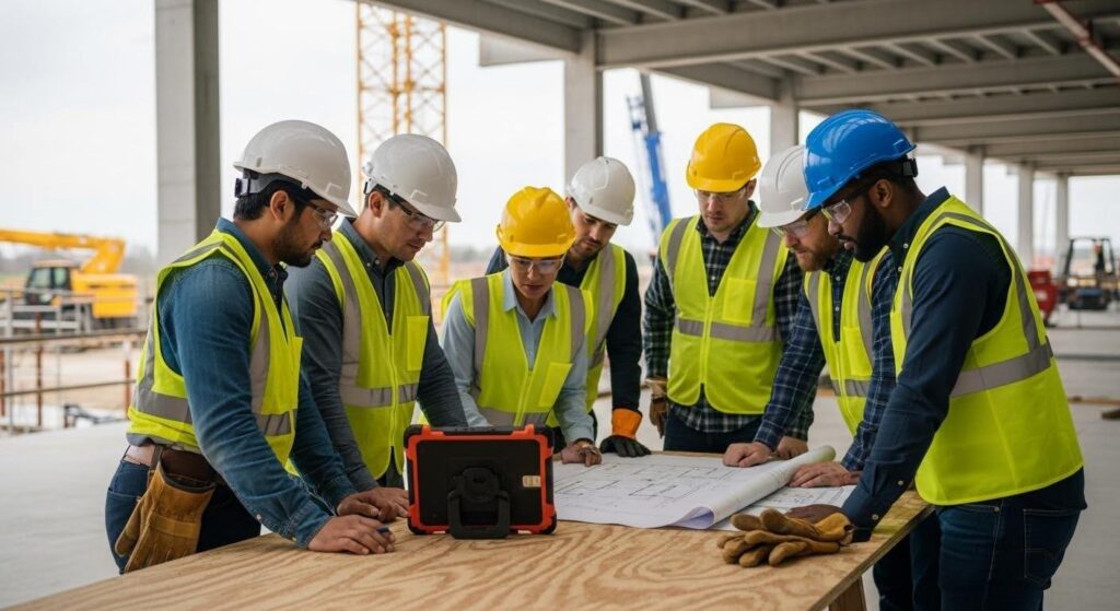 Construction contractors discussing project plans.
