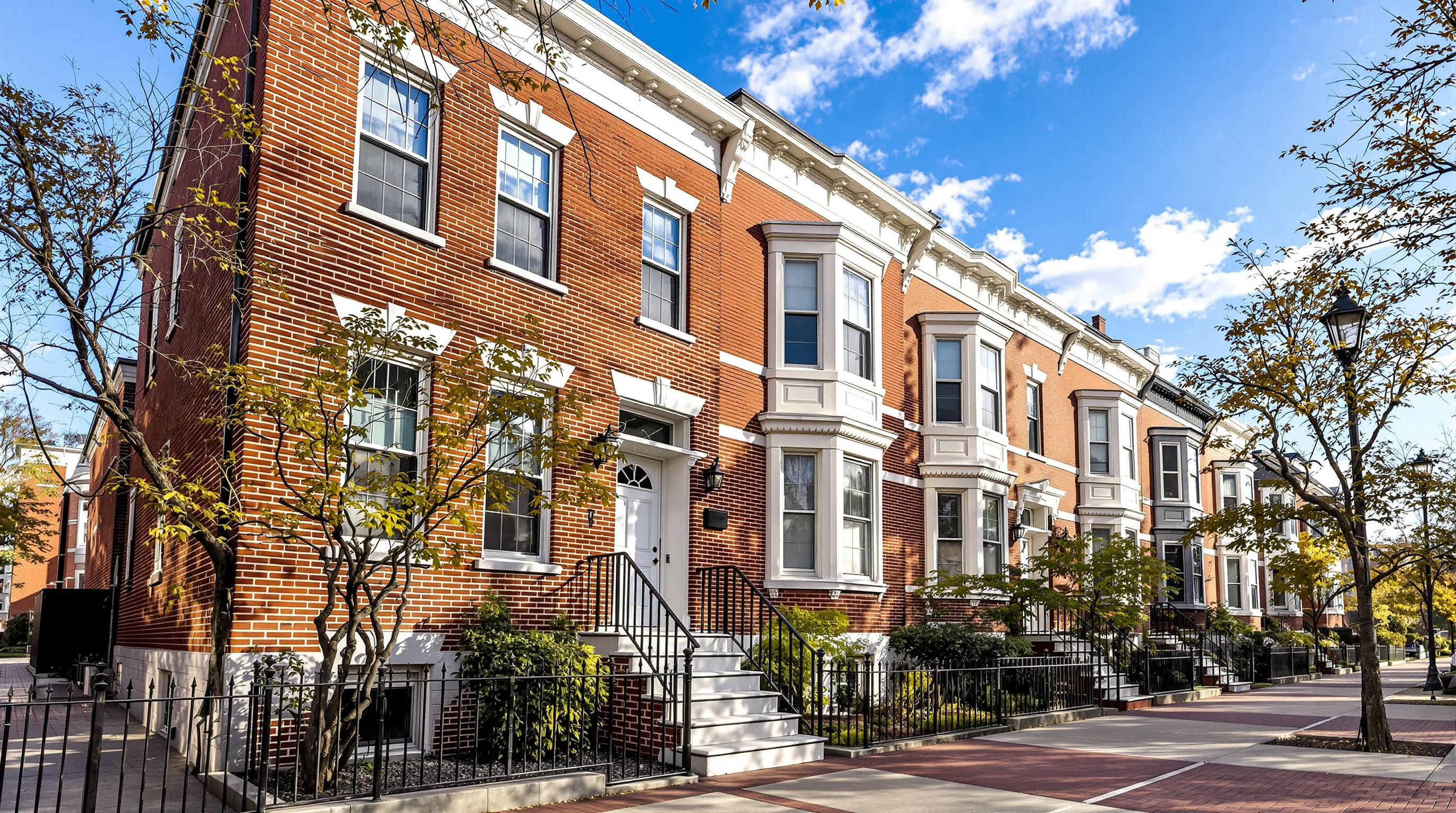 A row of brick Philadelphia rowhomes with white front steps