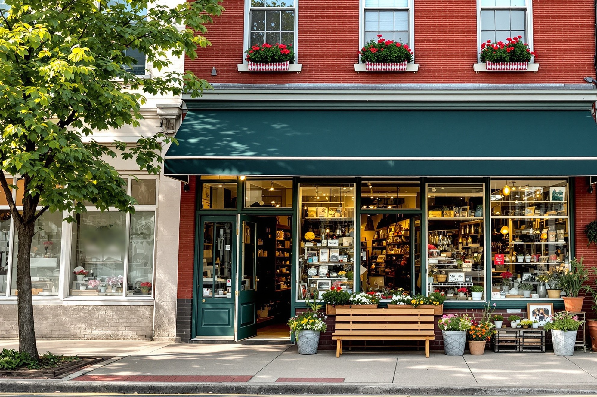 Busy independent shop on the ground floor of a brick building with apartments above, flowers and a bench on the sidewalk