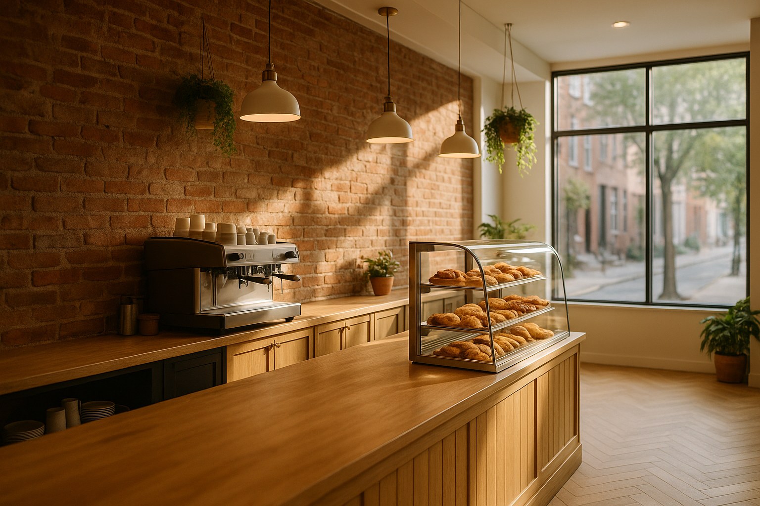 Bright independent cafe and bakery with an exposed brick wall, pastry case and espresso machine in an older Philadelphia building